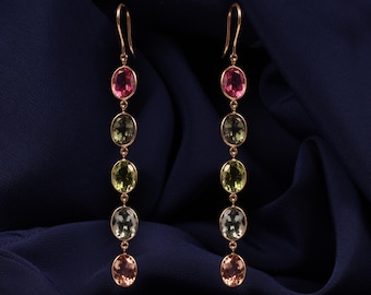 Solid 18k Yellow Gold Natural Multi Tourmaline Gemstone Long Dangle Earrings Jewelry Gift For Women, Bridal Earrings, Simple Earrings, Wife