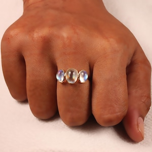 Natural Rainbow Moonstone Ring, Simple Three Stone Ring, Statement Jewelry, Solid 18k Yellow Gold Jewelry, Gift For Wedding, Birthday Ring