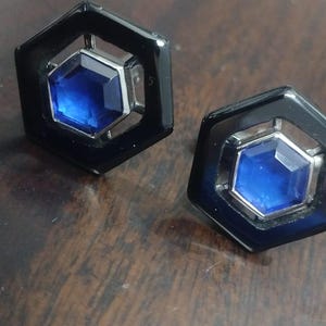 Black Onyx Blue Sapphire Hexagon Cufflinks – 925 Sterling Silver, Plated Options