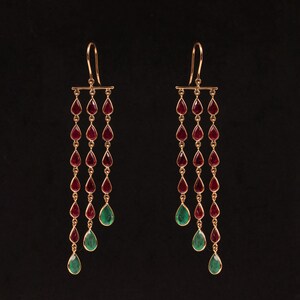 Solid 18k Yellow Gold Natural Ruby Gemstone Emerald Chandelier Dangle Earrings Jewelry Gift For Bride, Hook Earrings, Wedding Earrings Woman