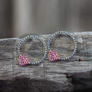 Orecchini a cerchio con rubino rosa e zaffiro, orecchini a forma di cuore con pietre preziose, orecchini colorati con rubino e zaffiro, argento 925, oro 14K/18K
