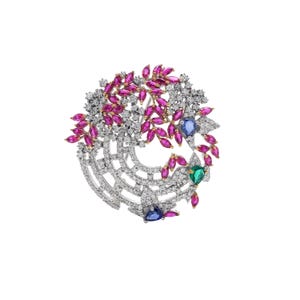 豪華な925シルバーブローチペンダント - ルビー、エメラルド、サファイアのアクセントが付いた花柄デザイン - コンバーチブルステートメントジュエリー - WREATHペンダント