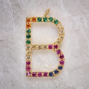 Colgante con inicial de múltiples piedras preciosas en oro amarillo macizo de 14 k, regalo de cumpleaños, dije de B arcoíris, colgante con la primera letra, joyería fina.