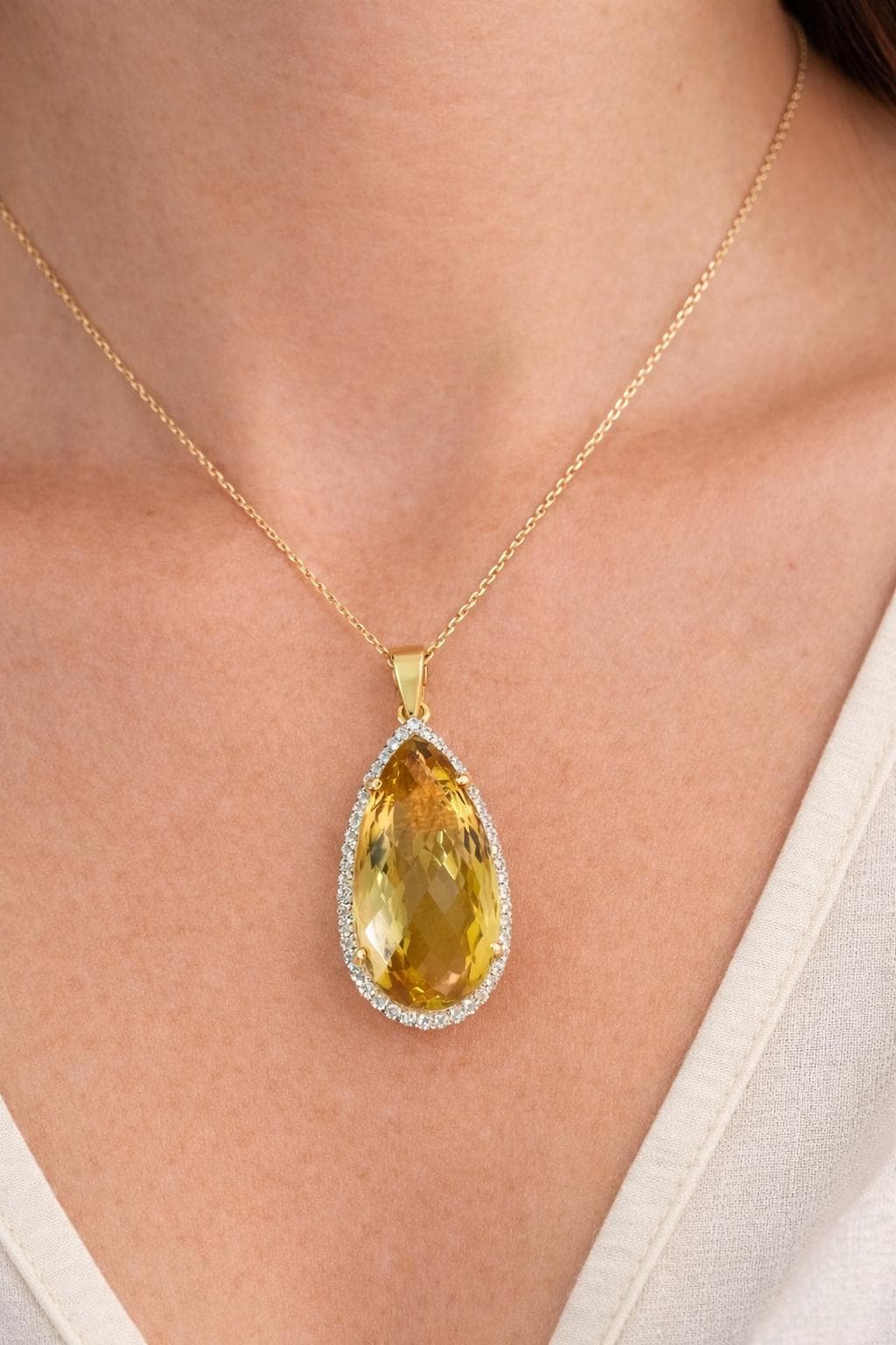 Lemon Quartz Teardrop Pendant, CZ Halo, Sterling Silver, November