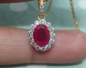 Lab Grown Ruby Halo Pendant Earrings Set, Sterling Silver Jewelry