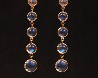 14k Yellow Gold Rainbow Moonstone Dangle Earrings: Bridal Jewelry