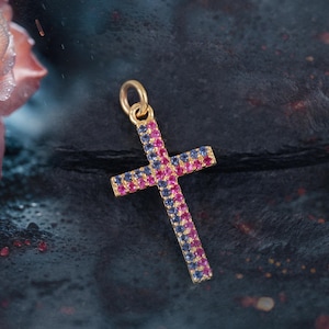 Natural Pink Sapphire & Blue Sapphire Solid 14k Yellow Gold CROSS Pendant Jewelry, Gift For Mom, Solid Gold Pendant Charm, Gift For Wedding