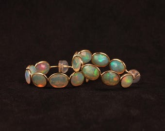 Solid 18k Yellow Gold Natural Ethiopian Fire Opal Gemstone Hoop Earrings Jewelry, Gift For Women, Handmade Jewelry, Fine Earrings, Bridal