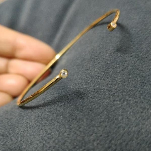 Minimal Diamond Cuff Bracelet, Open Bangle Bracelet, Dainty Gold Cuff with Diamond Ends, White CZ Option, 925 Silver / 14K Gold / 18K Gold