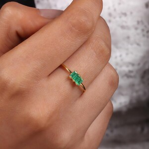 Three Stone Emerald Baguette Ring, Minimalist Band, May Birthstone, 925 Sterling Silver, 14K Gold