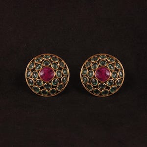 Big Round Stud Earrings, Solid 18k Yellow Gold Fine Jewelry, Natural Emerald & Ruby Gemstone Jewelry, Gift For Woman, Wife, Wedding, Bridal