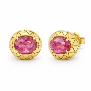Oval Ruby Stud Earrings | Solid Gold Geometric Halo, July Birthstone, 18k/14k
