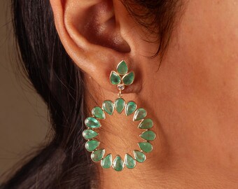 Pear Emerald Diamond Hoop Earrings, 14K Gold Dangle, 925 Silver