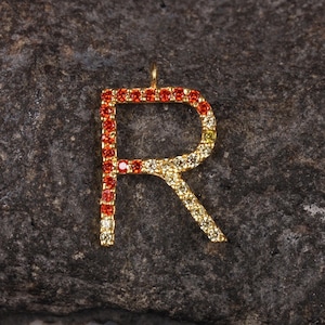 Letra inicial R en oro amarillo macizo de 14 k, regalo para mamá, colgante con dije del alfabeto, joyería con piedras preciosas de zafiro natural, dije para pulsera.