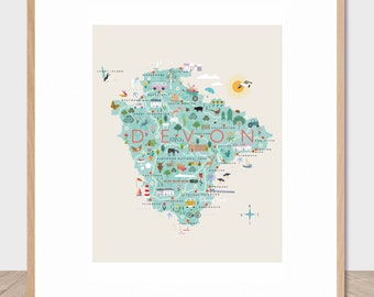 Devon map art print. Devon art. Devon wall art poster print.