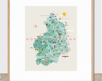 Northumberland Map Print. A4 Northumberland wall art. Map art. Northumberland poster.
