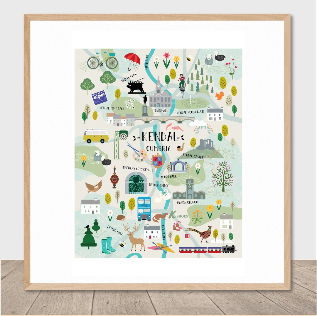 Kendal Town Art Print. Kendal Map. Kendal Illustration. Cumbrian Map