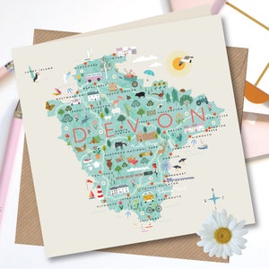 May include: A colourful illustrated map of Devon, England, with the word "Devon" in large, red letters. The map features various landmarks, animals, and activities, including a castle, a beach, a lighthouse, a train, and a bus. The map is surrounded by a light blue border.