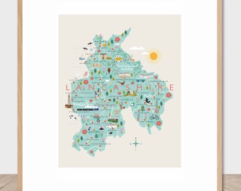 Lancashire art print. Lancashire map souvenir. Lancashire wall art.