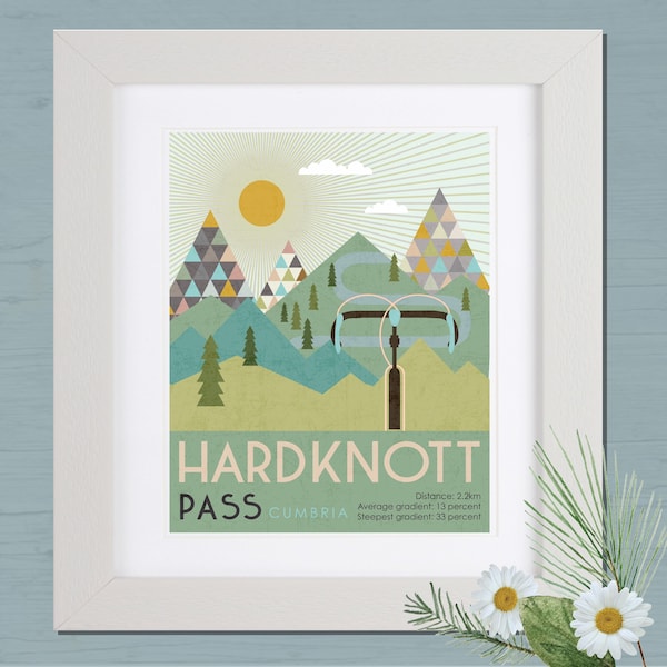 Hardknott Pass print. Lake District print. Cycle art. Hardknott cycle poster. Cumbria travel art. Cumbria bike souvenir.