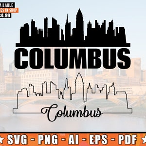 May include: Black and white silhouette of the Columbus, Ohio skyline with the word "COLUMBUS" in bold black letters above the skyline and the word "Columbus" in cursive below the skyline. The image is set against a blurred background of the Columbus skyline.