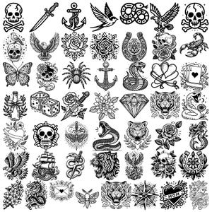 May include: A collection of 48 black and white tattoo flash designs. The designs include a variety of traditional tattoo imagery, such as skulls, roses, anchors, hearts, snakes, butterflies, and tigers.