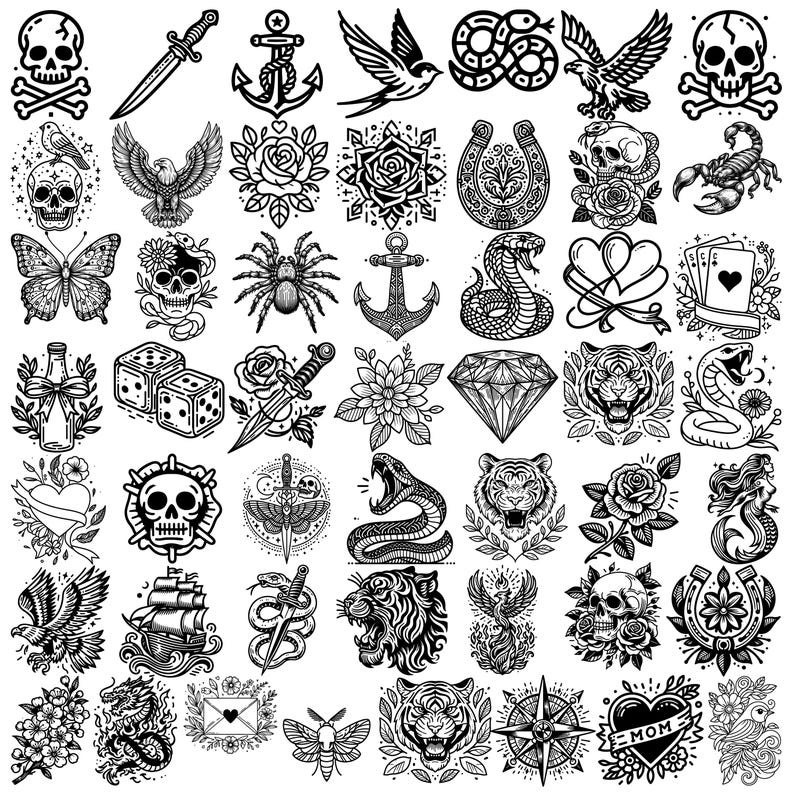 May include: A collection of 48 black and white tattoo flash designs. The designs include a variety of traditional tattoo imagery, such as skulls, roses, anchors, hearts, snakes, butterflies, and tigers.