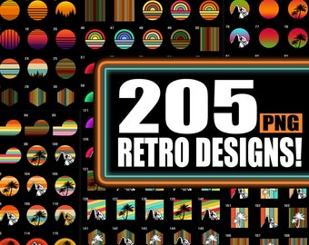 Vintage Retro Designs Mega Bundle | 205 Retro Sunsets And Vintage Palm Designs And Retro Mountain Sunsets PNG Commercial License
