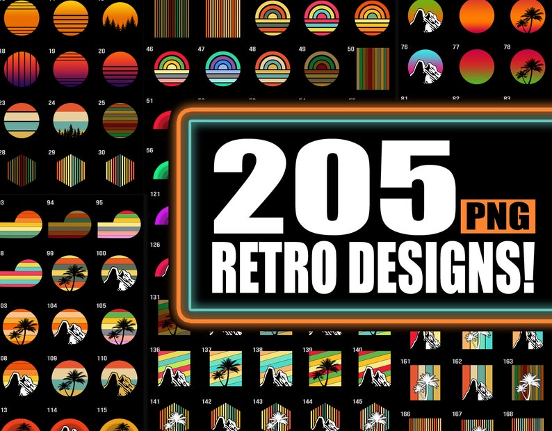 May include: A collection of 205 retro design PNG images. The images feature a variety of colors, patterns, and shapes, including stripes, circles, and geometric designs. The images are perfect for use in digital projects, such as website design, social media graphics, and print projects.