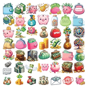 Paquete SVG financiero / 50 imágenes prediseñadas SVG financieras en colores / Pegatinas financieras SVG / Alcancía Svg / Ahorro de dinero Svg / Pegatinas de dinero presupuestario