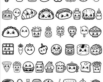 Paquete SVG de contornos de comida kawaii, 50 contornos de comida para Cricut, lindas pegatinas de comida kawaii, paquete de comida linda para imprimir