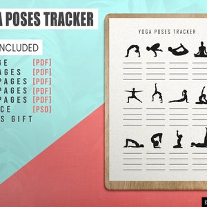 Puede incluir: Un rastreador de poses de yoga imprimible con un marco de madera marrón. El rastreador incluye una lista de poses de yoga con siluetas de personas en cada pose. El texto "YOGA POSES TRACKER" está en la parte superior de la página. El texto "KDP READY" está en la parte inferior de la página.