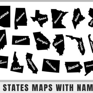 50 Bundesstaaten mit Namen SVG Mega Bundle für USA Karten | 50 SVG Dateien + 50 PNG Dateien kommerzielle Nutzung American States Silhouettes Bundle