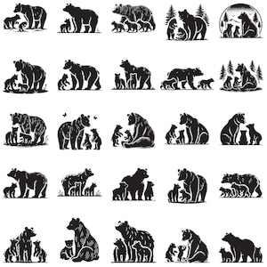 Família de ursos SVG, Bebê urso SVG para Cricut, Mãe urso com bebê urso, Clipart de silhueta de mãe urso, Arquivo digital de ursos fofos