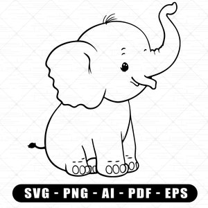 Puede incluir: Un dibujo en blanco y negro de un elefante de dibujos animados con la trompa levantada en el aire. El elefante está sentado sobre sus patas traseras con las patas delanteras extendidas.