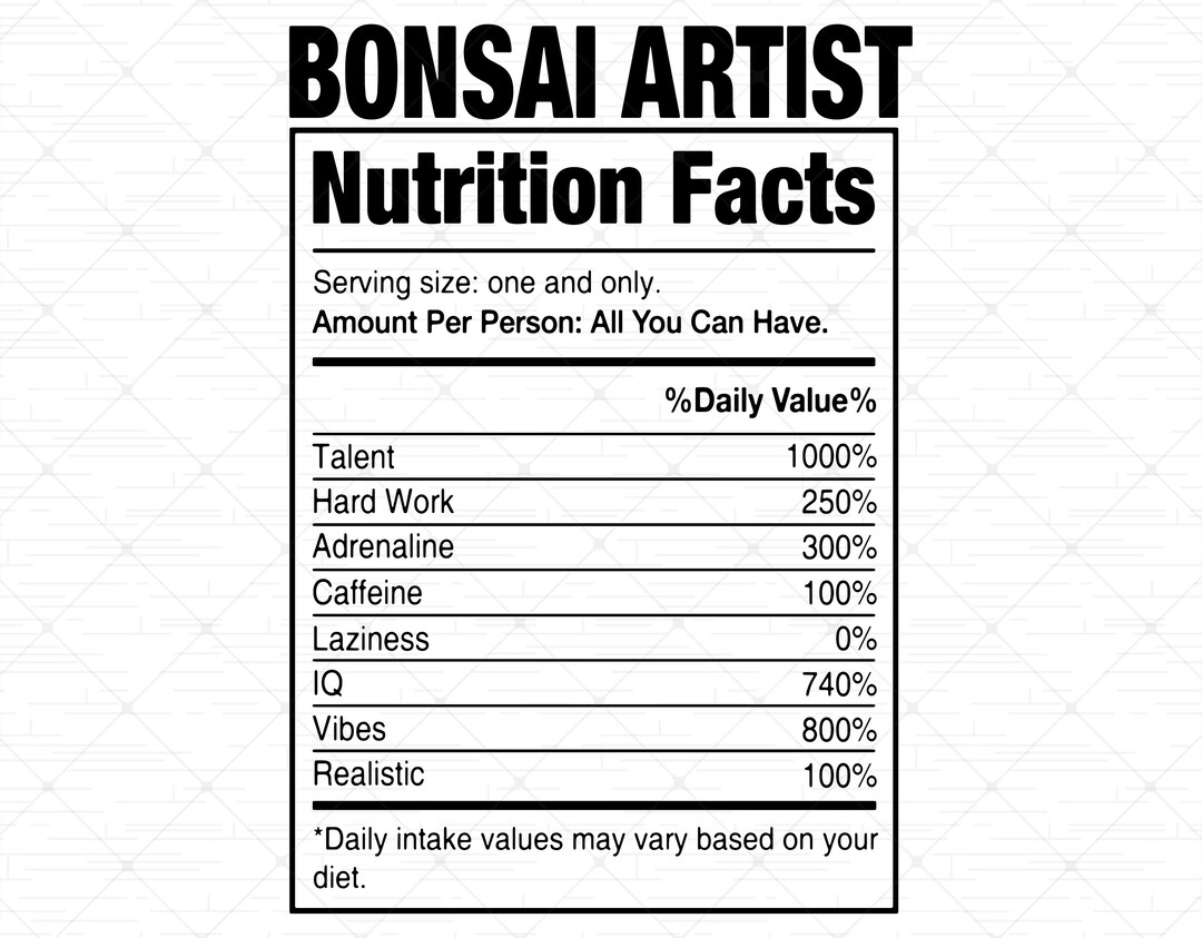Bonsai Artist Nutrition Facts SVG Sarcastic Bonsai Nutrition Facts SVG
