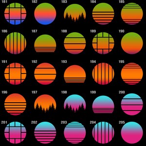 May include: A set of 25 retro-style circle designs with various color combinations and patterns, including stripes, grids, and silhouettes of trees. The circles are numbered from 181 to 205.