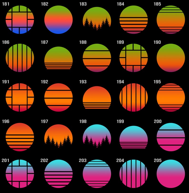 May include: A set of 25 retro-style circle designs with various color combinations and patterns, including stripes, grids, and silhouettes of trees. The circles are numbered from 181 to 205.