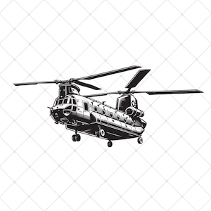 Może przedstawiać: Czarno-biała ilustracja wojskowego śmigłowca transportowego, znanego również jako śmigłowiec Chinook.