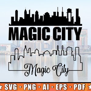 May include: Black and white silhouette of a city skyline with the text "MAGIC CITY" in bold, all-caps letters. Below the skyline is the text "Magic City" in a cursive font.