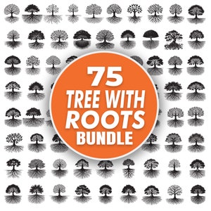 Op de afbeelding: Een verzameling van 75 zwart-wit illustraties van bomen met wortels. De bomen zijn in verschillende stijlen en vormen. De tekst "75 Tree With Roots Bundle" staat in een grote oranje cirkel.