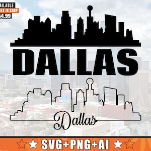 Dallas Skyline SVG com design de contorno extra | Silhueta do horizonte de Dallas Texas Svg + Png + AI Arquivos