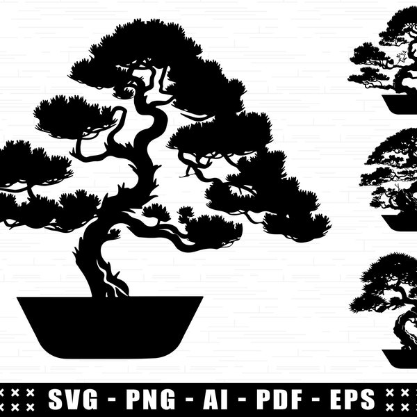 Bonsai Tree Silhouettes SVG Bundle, 7 Bonsai SVG Artworks for Cricut, Easy Cust Bonsai Tree,  Plants Sublimation Print PNG file mega bundle