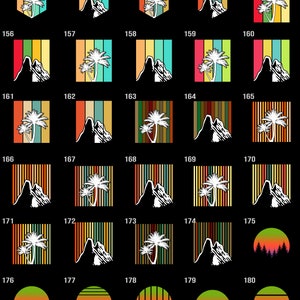 May include: A set of 25 retro-style digital illustrations featuring a variety of designs, including palm trees, mountains, and sunsets. The illustrations are in a variety of colors, including red, orange, yellow, green, blue, and purple. The illustrations are perfect for use in digital projects, such as websites, social media, and presentations.