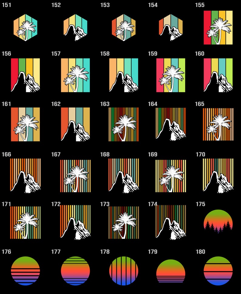 May include: A set of 25 retro-style digital illustrations featuring a variety of designs, including palm trees, mountains, and sunsets. The illustrations are in a variety of colors, including red, orange, yellow, green, blue, and purple. The illustrations are perfect for use in digital projects, such as websites, social media, and presentations.