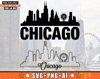 Chicago Skyline SVG With Extra Outline Design | Chicago Illinois Skyline Silhouette Svg + Png + AI Files