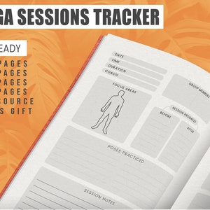 May include: A black and white printable yoga session tracker journal with sections for date, time, duration, coach, focus areas, poses practiced, session notes, group members, and session progress. The journal has a title that says "Yoga Sessions Tracker" and "KDP Ready".