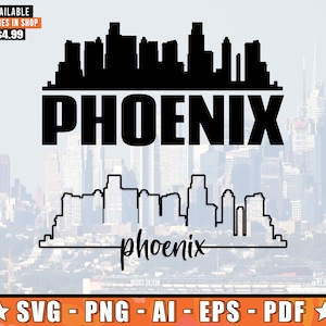 Phoenix Skyline SVG mit extra Umriss Design | Phoenix Arizona Skyline Silhouette SVG + Png + Ai + Eps + PDF Dateien