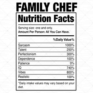 Family Chef Valeur nutritive SVG | Sarcastic Chefs Valeur nutritive SVG | Drôle de grillades au barbecue Valeur nutritive pour Cricut | Cuisine Humour Svg