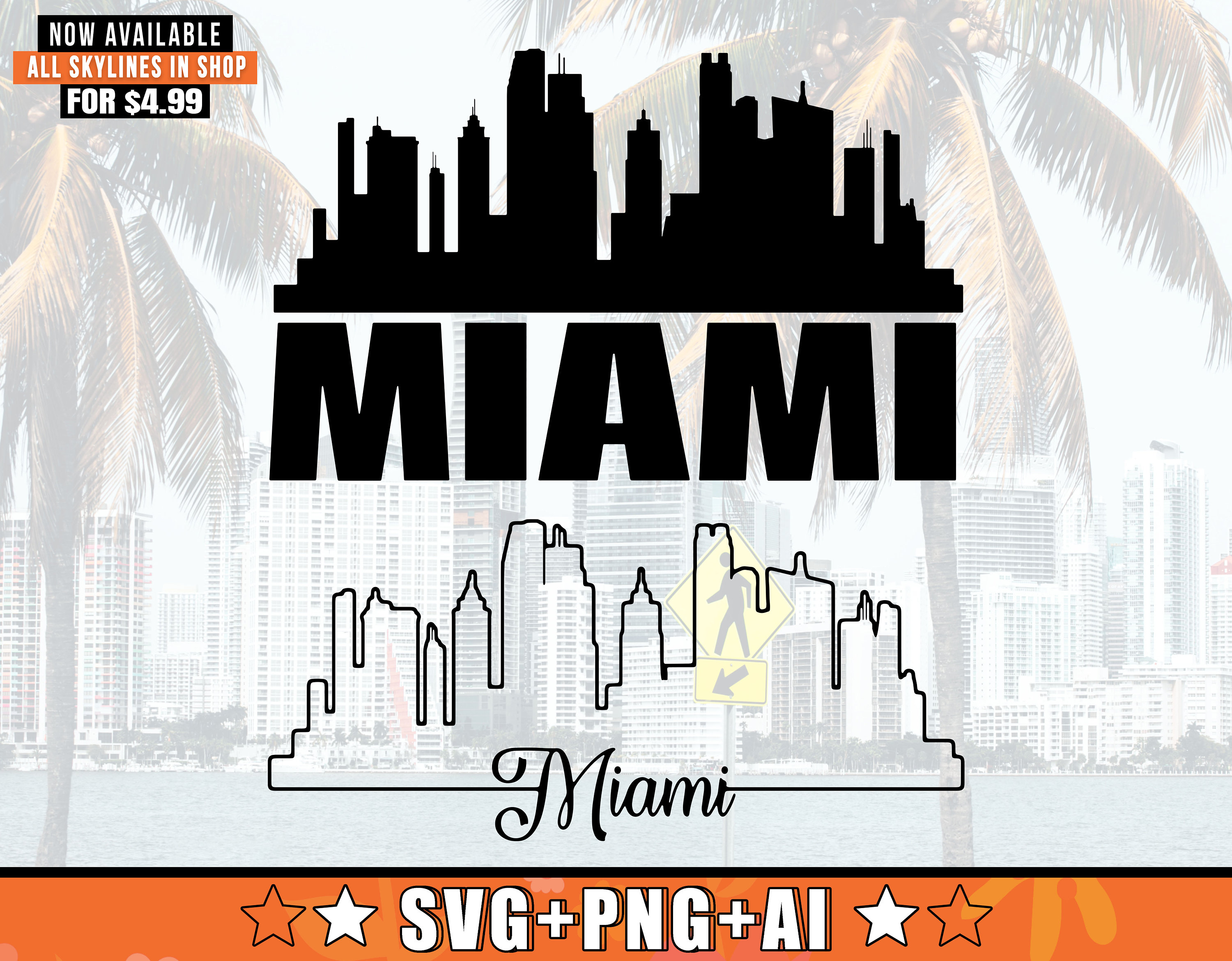 Miami Skyline SVG With Extra Outline Design | South Florida Skyline Silhouette Svg + Png + AI Files